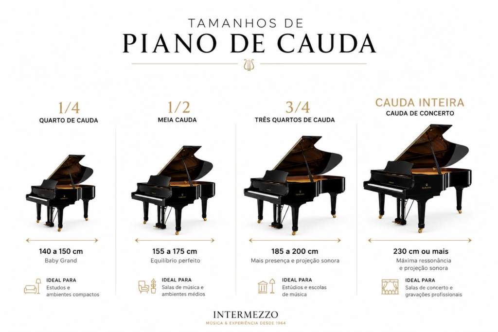Piano de cauda acústico - tamanhos e medidas