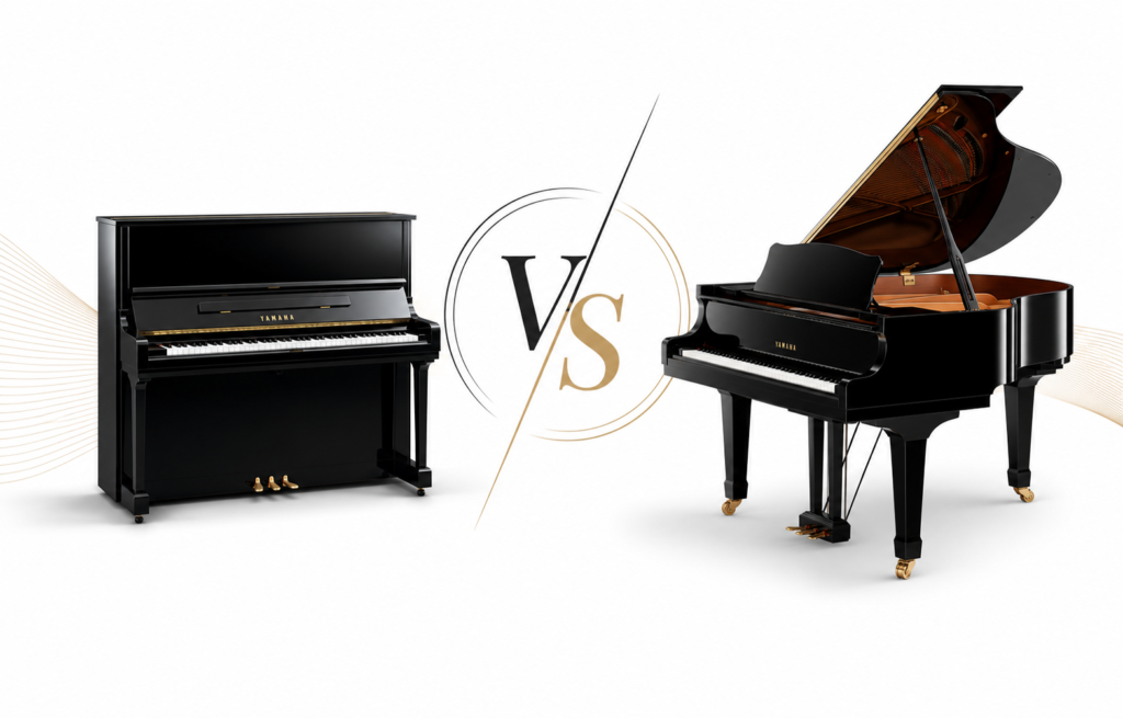 Piano vertical e piano de cauda - comparação de tamanhos